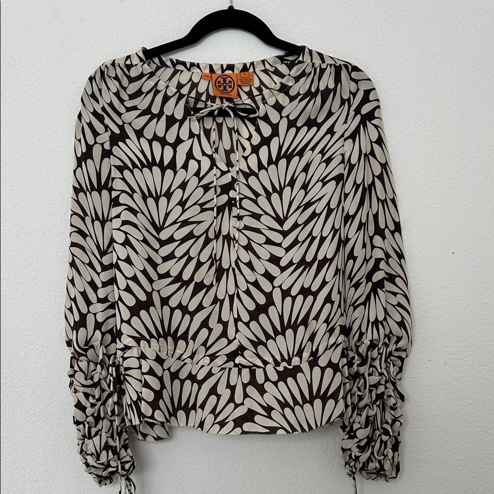 Tory Burch Floral Petal-Print Tie-Neck Silk Blouse